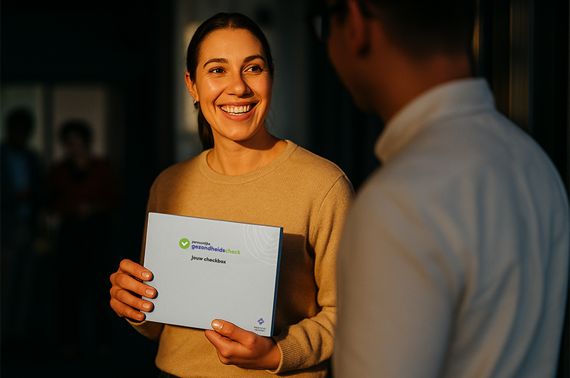 Tevreden medewerker met de Gezondheidscheck van &niped in haar handen, bijdragend aan de employee experience