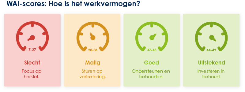 Overzicht van WAI-scores (Work Ability Index) voor werkvermogen: van 'Slecht' (7-27) tot 'Uitstekend' (44-49)